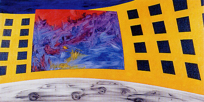 Macchine grige in curva, casa gialla, cielo blu, centralmente paesaggio azzurro blu viola rosso