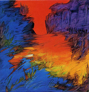 Paesaggio astratto centralmente rosso e giallo lateralmente blu azzurro e viola con elementi verdi